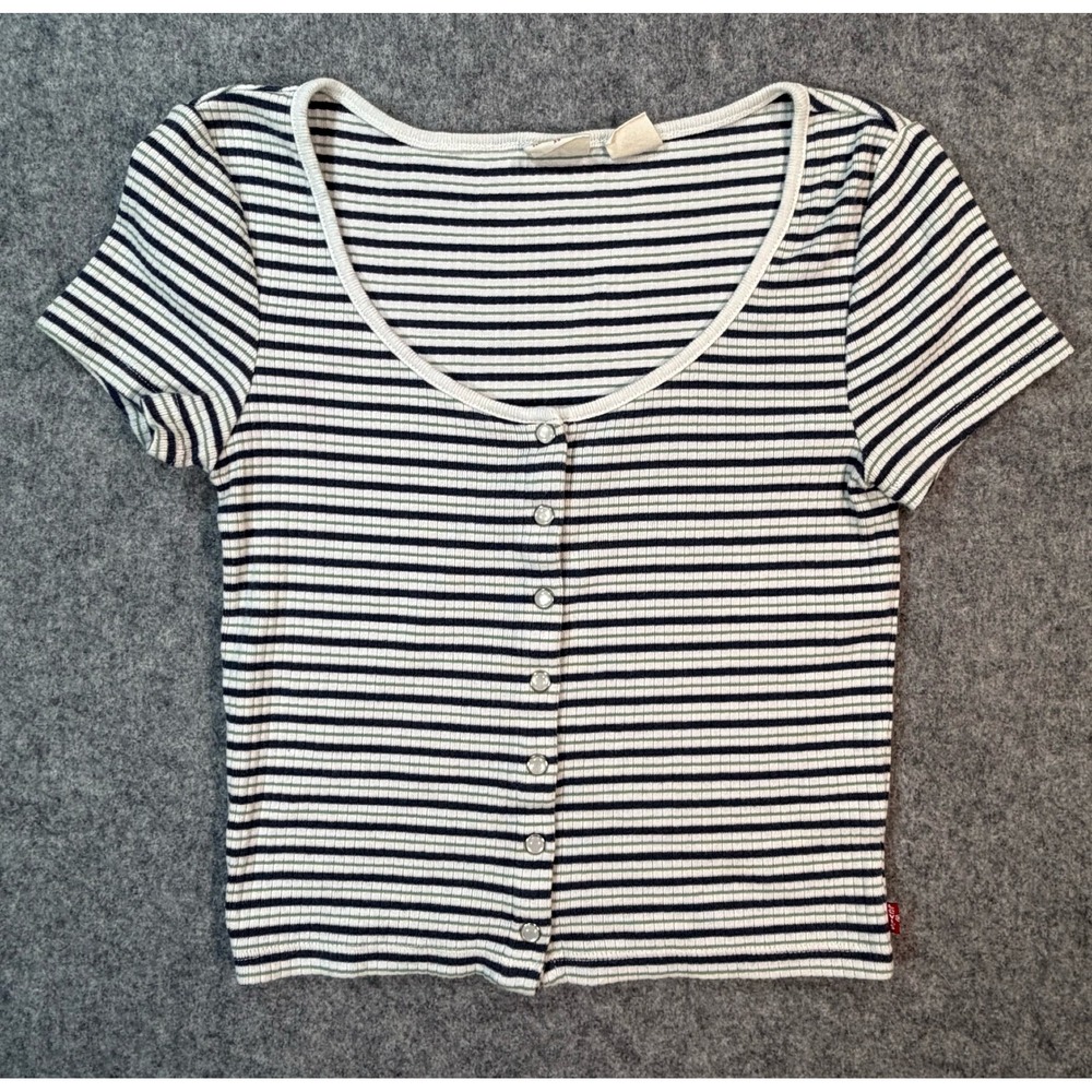 Levis Womens XS Striped Ribbed Button Front Crop Top Navy Green Y2K Scoop Neck